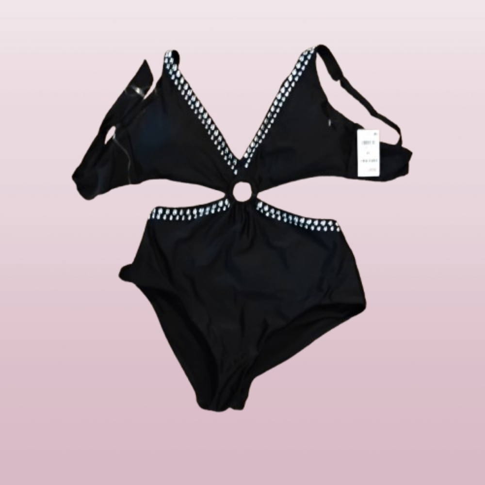 Bar III $94  Tell Me About It One‎ Piece Black Studded Cut-Out Swimsuit XL NWT 5 - Picture 2 of 4